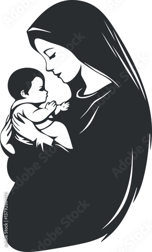 Silhouette of a mother lovingly holding her baby, symbolizing maternal affection and care.