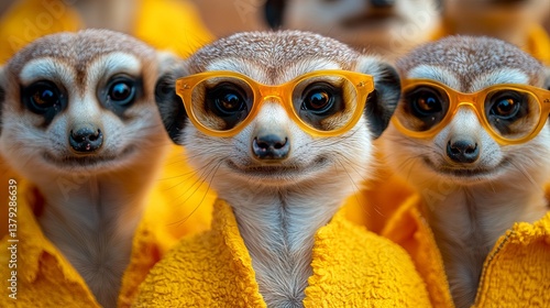 Three Adorable Meerkats Wearing Yellow Jackets and Stylish Orange Glasses Posing for a Cute Photo Shoot  Animals Wildlife Photography  Nature Image Coat Team Shot Funny Fauna Group Happy Color Mammal 