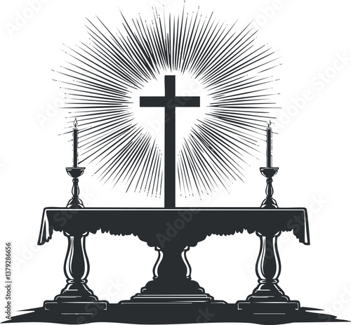 Silhouette of a cross on an altar with candles, symbolizing faith and worship.