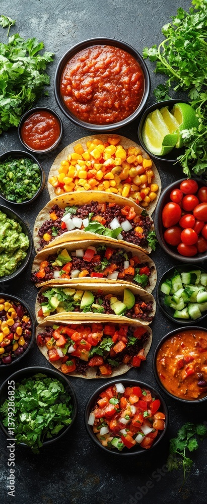 Mexican Taco Dinner Flat Lay with Beef Tacos Salsa Tortillas Beer Snacks and Friends Hands Over White Table Mexican Taco Dinner Flat Lay with Beef Tacos Salsa Tortillas Beer Snacks and Friends Hands Over White Table