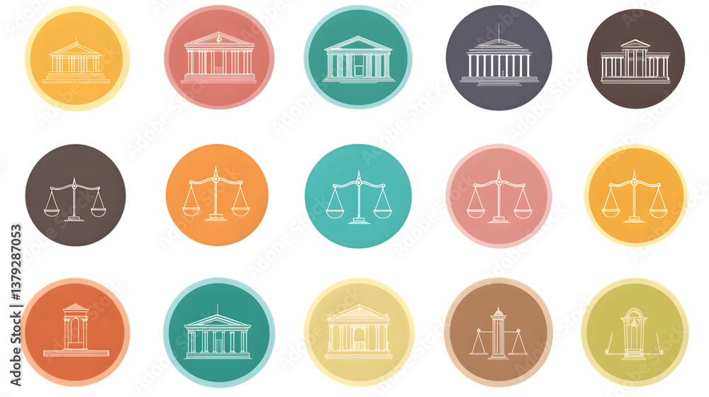 Symbolic Icons Representing Justice and Law Concepts in Vibrant Colors for Design Legal Themes Symbolic Icons Representing Justice and Law Concepts in Vibrant Colors for Design Legal Themes