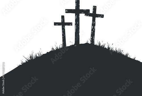 Silhouette of three crosses on a hill symbolizing faith and spirituality in Christianity.