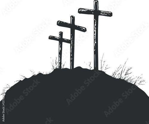 Silhouette of three crosses on a hill, symbolizing faith and Christianity in a minimalist style.