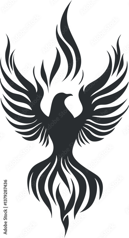 Obraz premium Black silhouette of a phoenix with outspread wings, symbolizing rebirth and strength.