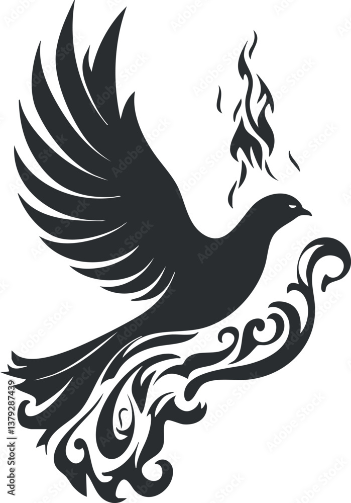 Fototapeta premium Stylized black silhouette of a dove with flames and ornate patterns, symbolizing freedom and peace.