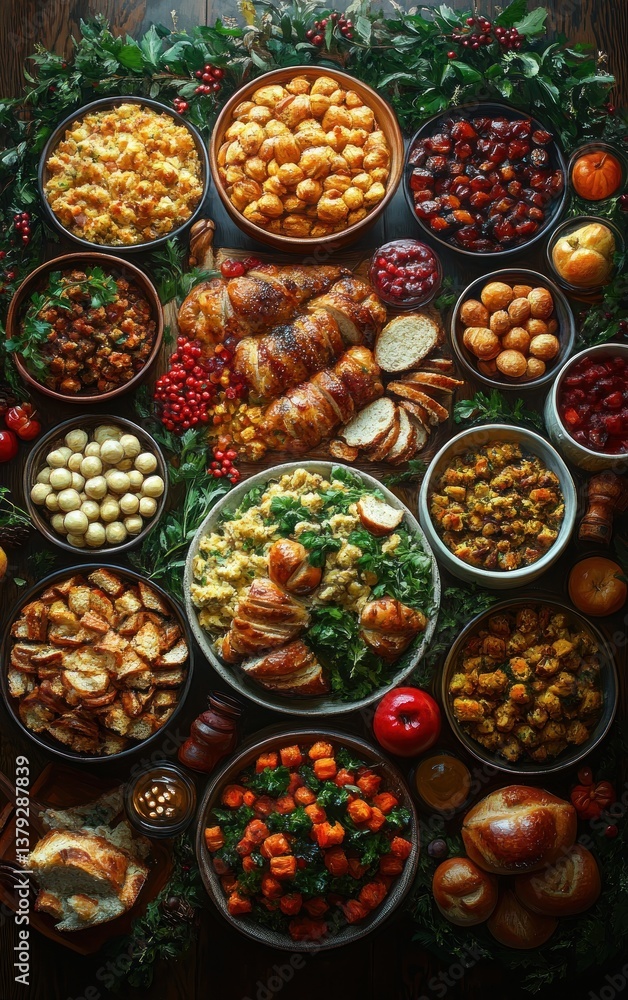 Fototapeta premium Thanksgiving Dinner Table with Family Friends Food and Wine Celebration