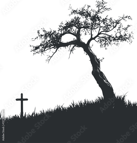 Silhouette of a tree and cross on a grassy hill, symbolizing a serene cemetery scene.