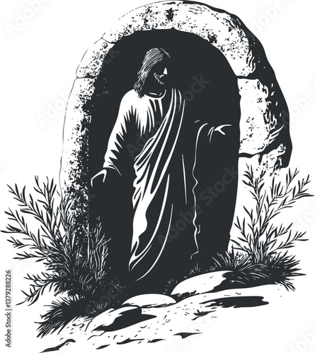Black and white illustration of Jesus emerging from the tomb, symbolizing resurrection and faith.