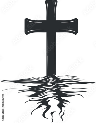 Silhouette of a cross with a water reflection, symbolizing faith and spirituality.