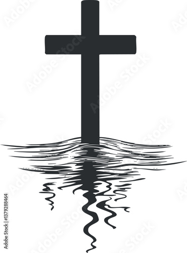 Silhouette of a cross reflecting in water, symbolizing faith and spirituality in Christianity.