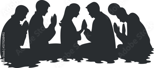 Silhouette of a group of people kneeling in prayer, symbolizing unity and spirituality.