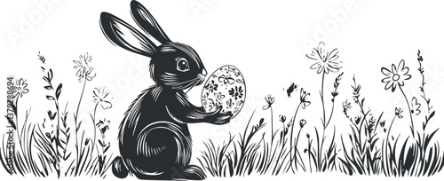 Black and white illustration of a rabbit holding a decorated egg surrounded by flowers.