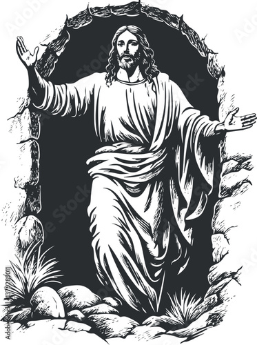Black and white illustration of Jesus emerging from the stone tomb, symbolizing resurrection.