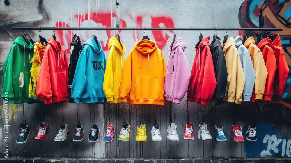 Vibrant streetwear collection with colorful hoodies and sneakers showcased against urban graffiti wall in an energetic city setting Vibrant streetwear collection with colorful hoodies and sneakers showcased against urban graffiti wall in an energetic city setting