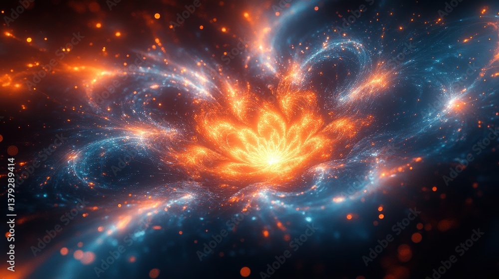 Vibrant swirling fractal patterns in blue orange and yellow light cosmic energy flow digital art Vibrant swirling fractal patterns in blue orange and yellow light cosmic energy flow digital art