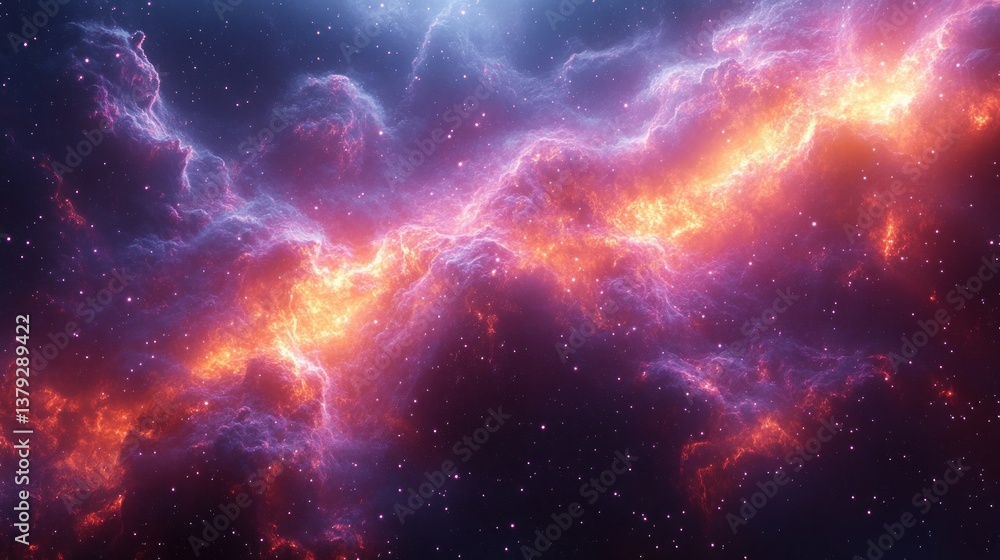 Fototapeta premium Cosmic Nebula Glowing in Purple and Pink in Deep Space with Sparkling Stars and Ethereal Lighting