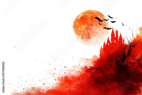 Mystical Red Moon Rising Over Dark Landscape with Silhouetted Bats, Eerie Clouds, and Bare Trees Creating Spooky Atmosphere for Halloween Night