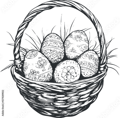 Black and white illustration of a wicker basket filled with intricately decorated Easter eggs.