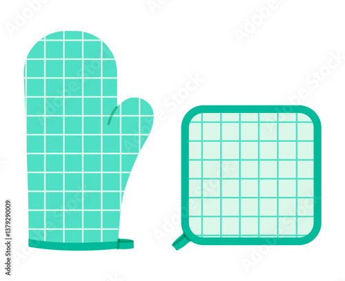 Oven Gloves Mitt and potholder Fashion mint cartoon windowpane tartan check pattern hand accessory clothing technical illustration garment. Vector style flat template CAD mockup on white background