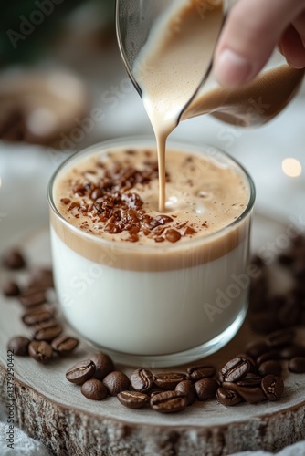 Hand Pouring Fresh Coffee into Glass of Milk for Latte Breakfast Drink Over Light Wall Background