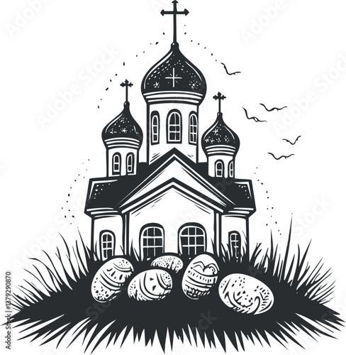 Illustration of Orthodox church with eggs in nest, representing Easter celebration and religious tradition.