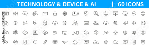Technology, Device AI icons set. AI chip, Tech, neural network, Artificial intelligence Symbols outline collection. Vector icons