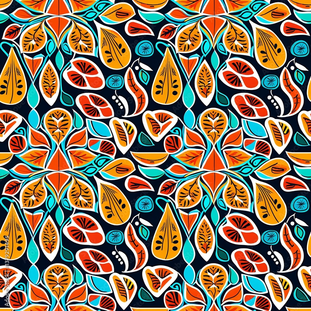 An orange and blue floral pattern on a black background. An orange and blue floral pattern on a black background.