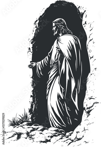Black and white illustration of Jesus emerging from a cave, symbolizing resurrection and faith.