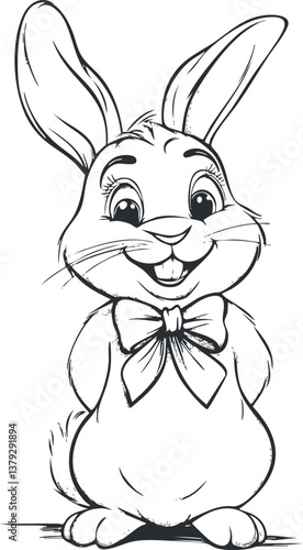 Cute cartoon rabbit with large ears and bowtie in black and white line drawing.