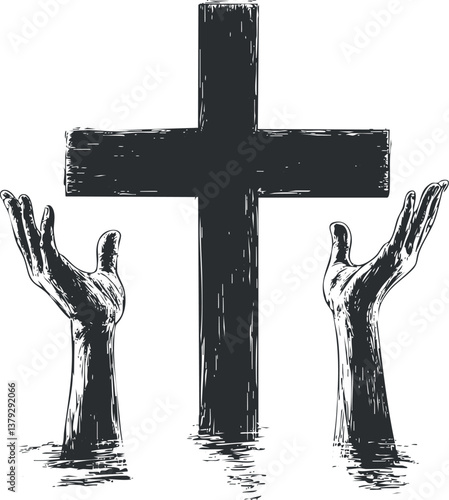 Illustration of hands reaching towards a cross, symbolizing faith and spirituality in monochrome.