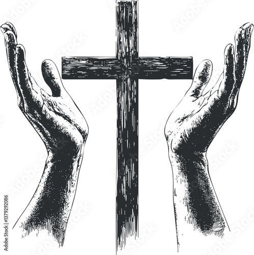 Illustration of hands uplifted in prayer with a cross symbolizing faith and devotion.