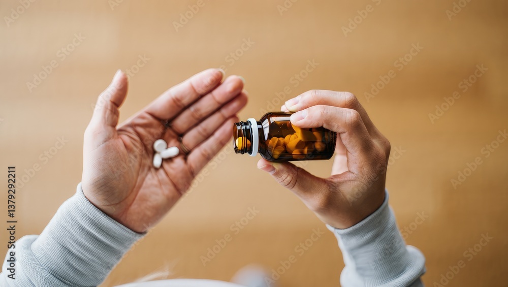Fototapeta premium Sick ill asian young woman, girl hold tablet pill on hand pour capsule from medication bottle, painkiller medicine from stomach pain, head ache, pain for treatment, take drug or vitamin, health care.