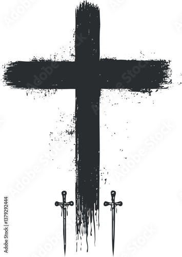 Grunge-style illustration of a cross with swords, symbolizing faith and strength in black and white.