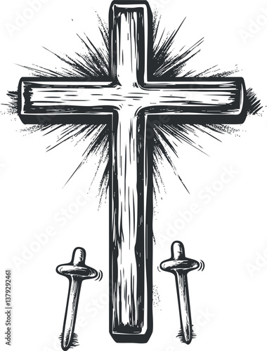 Illustration of a wooden cross with nails, symbolizing Christianity and faith in a sketch style.