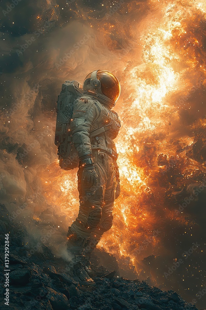Fototapeta premium An astronaut in a high-tech suit gazes at a massive wall of fire and smoke in space, surrounded by glowing embers and ash