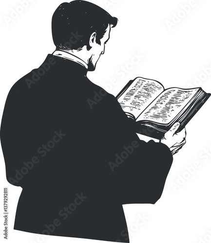 Silhouette of a priest reading a Bible, symbolizing faith and religious devotion.
