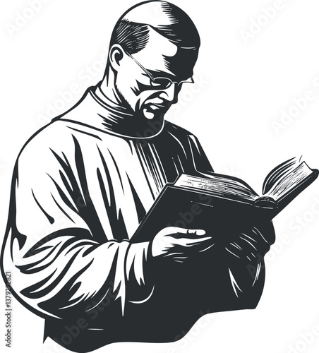 Monochrome illustration of a priest reading a book, symbolizing faith and spirituality.