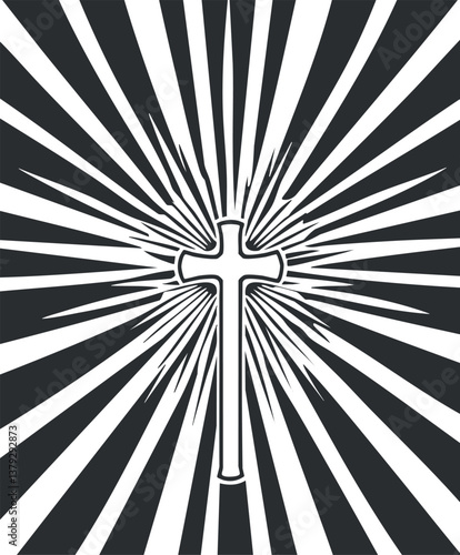 Black and white illustration of a cross with radiating light rays, symbolizing faith and spirituality.