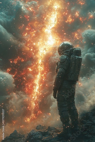 A space explorer watches a glowing rift of energy piercing through clouds, surrounded by glowing embers and dramatic lighting