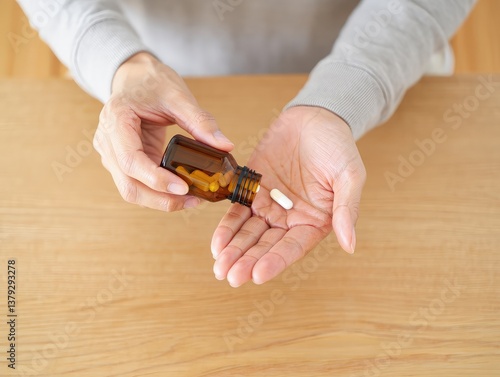 Sick ill asian young woman, girl hold tablet pill on hand pour capsule from medication bottle, painkiller medicine from stomach pain, head ache, pain for treatment, take drug or vitamin, health care.