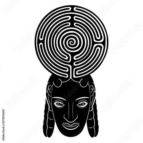 Head of Ancient Greek god Apollo and a round spiral maze or labyrinth symbol. Mystery of antique culture. Creative philosophical concept. Black and white silhouette.