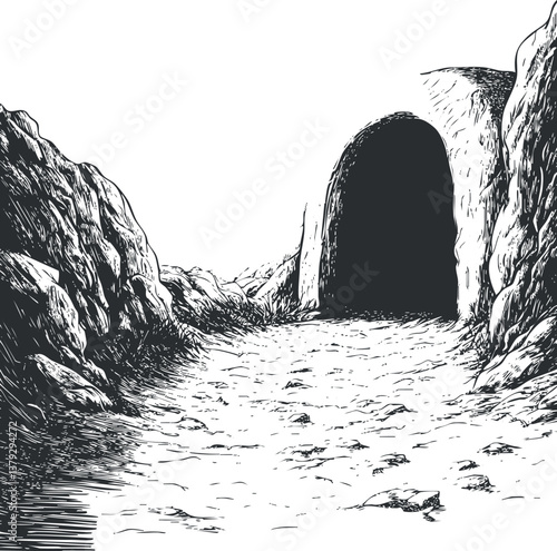 Black and white illustration of a rocky cave entrance in a rugged landscape.