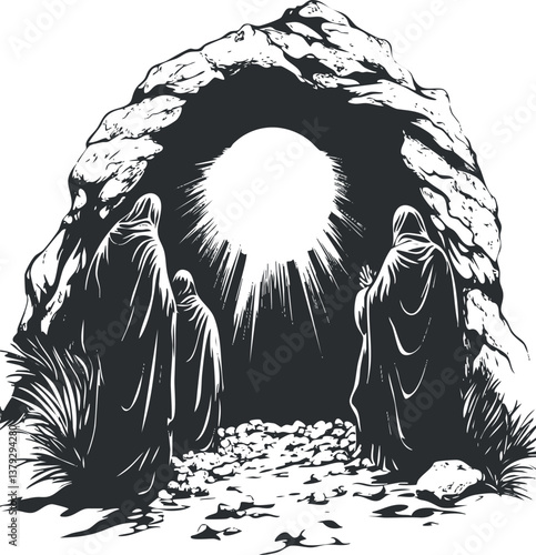 Illustration of three figures at the entrance of a cave, symbolizing a biblical resurrection.