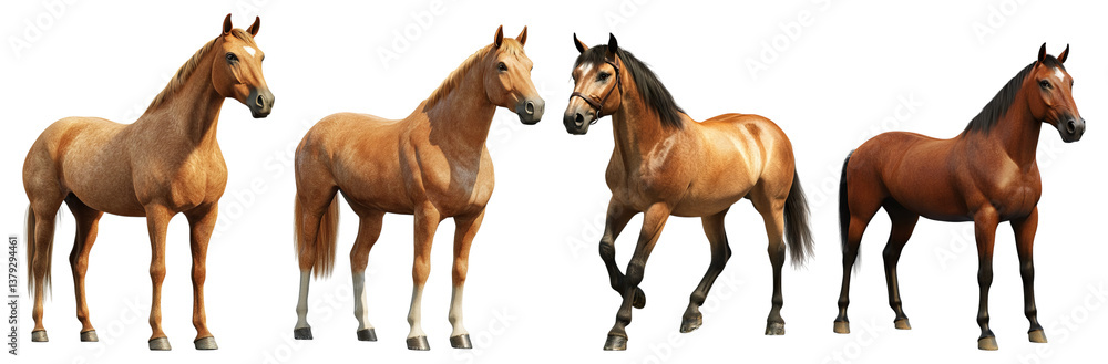 Fototapeta premium Group of Beautiful Horses in Various Poses against White Background, Isolated on Transparent Background