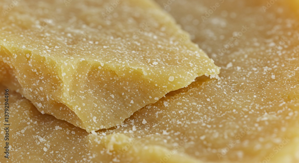 Close up shot of a chunk of parmesan cheese with visible salt crystals on its surface texture detail Close up shot of a chunk of parmesan cheese with visible salt crystals on its surface texture detail