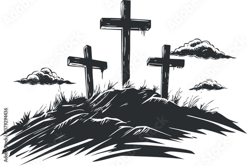 Silhouette illustration of three crosses on a hill with clouds, symbolizing faith and spirituality.