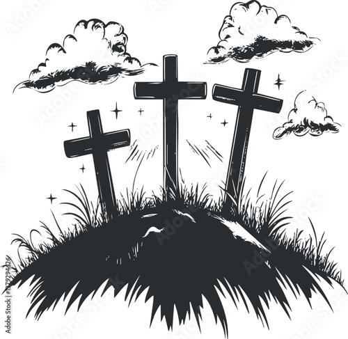 Black and white illustration of three crosses on a hill with clouds in the sky.