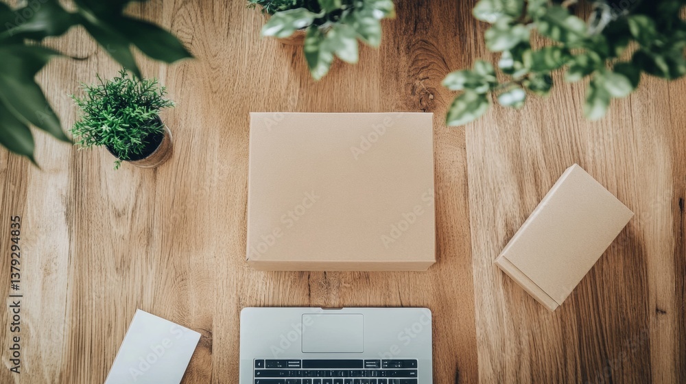 Work from home setup with plants and laptop Work from home setup with plants and laptop