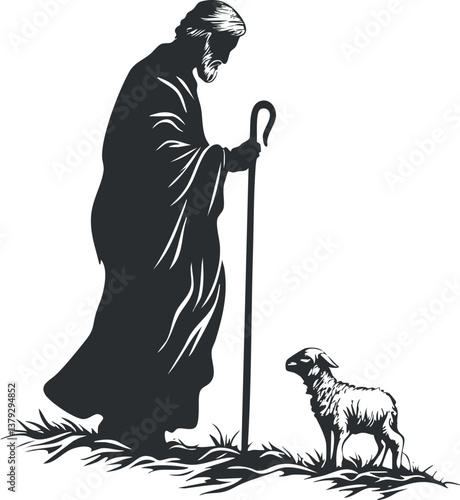 Silhouette of a shepherd holding a staff, standing beside a sheep in a pastoral setting.