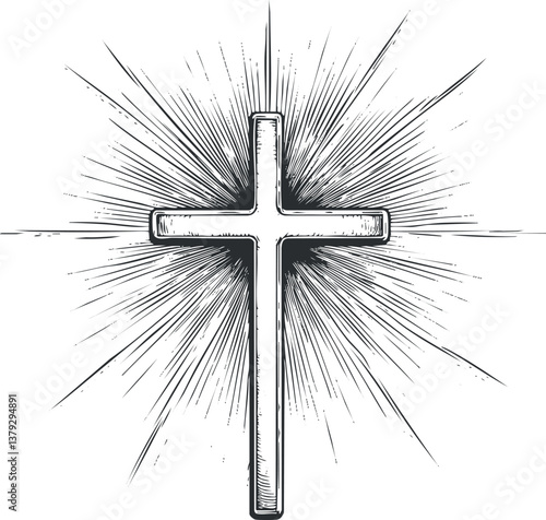 Illustration of a radiant cross with light beams in black and white, symbolizing faith and spirituality.